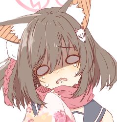 Rule 34 | 1girl, 2657314861, animal ear fluff, animal ears, blue archive, blush, brown hair, commentary request, floral print, fox ears, fox hair ornament, halo, highres, izuna (blue archive), o o, open mouth, pink halo, red scarf, scarf, short hair, simple background, solo, tears, upper body, wavy mouth, white background