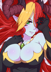 Rule 34 | 1girl, bad id, bad nicoseiga id, bare shoulders, blue skin, blush, breasts, bursting breasts, cleavage, colored skin, demon girl, elbow gloves, gloves, green eyes, hair over one eye, hera (p&amp;d), horns, jewelry, kurinton, large breasts, long hair, looking at viewer, necklace, omaru gyuunyuu, pointy ears, puzzle &amp; dragons, red hair, solo, upper body