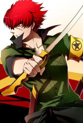 Rule 34 | 1boy, bad id, bad pixiv id, grin, male focus, minazuki sho, persona, persona 4: the ultimate in mayonaka arena, red hair, scar, grey eyes, smile, solo, sword, weapon, yasshan
