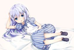 Rule 34 | 1girl, :o, apron, arm up, bed sheet, black footwear, blue bow, blue dress, blue eyes, blue hair, blush, bow, brown background, collared dress, commentary request, dress, full body, gochuumon wa usagi desu ka?, hair between eyes, hair ornament, kafuu chino, loafers, long hair, looking at viewer, lying, on side, parted lips, puffy short sleeves, puffy sleeves, shiraki shiori, shoes, short sleeves, solo, striped clothes, striped dress, vertical-striped clothes, vertical-striped dress, very long hair, white apron, x hair ornament