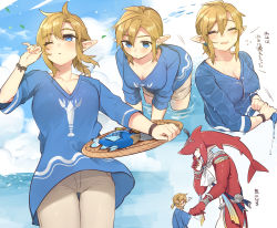 Rule 34 | 1boy, blonde hair, blue eyes, blue shirt, blush, breasts, cleavage, clothes pull, cloud, collarbone, colored skin, earrings, fish, from side, genderswap, genderswap (mtf), highres, holding, holding tray, jewelry, large breasts, link, medium hair, nintendo, ocean, one eye closed, pants, pointy ears, red skin, shirt, shirt pull, short ponytail, sidon, the legend of zelda, the legend of zelda: breath of the wild, translation request, tray, ttanuu., wringing clothes, zora