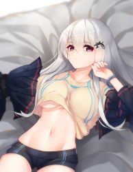 Rule 34 | 1girl, abs, animal, arknights, arm up, blush, bracelet, breasts, casual, cleavage cutout, closed mouth, clothes lift, clothing cutout, detached sleeves, hair between eyes, hair ornament, highres, jewelry, large breasts, leria v, long hair, long sleeves, looking at viewer, lying, midriff, multicolored hair, navel, on back, orca, red eyes, shirt, shirt lift, short shorts, shorts, skadi (arknights), solo, two-tone hair, underboob, whale, white hair, white shirt, wide sleeves