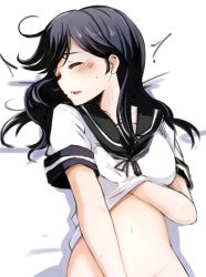 Rule 34 | 10s, 1girl, ahoge, black hair, blush, bottomless, closed eyes, groin, hand under clothes, hand under shirt, highres, implied masturbation, kantai collection, long hair, momo (higanbana and girl), open mouth, out-of-frame censoring, school uniform, grabbing own breast, shirt, solo, sweat, sweatdrop, ushio (kancolle)