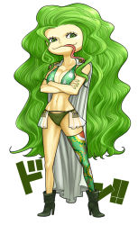 Rule 34 | 1girl, amazon lily, amazon warrior, asymmetrical clothes, bikini, boa sandersonia, boots, breasts, cape, cleavage, crossed arms, epaulettes, forked tongue, full body, green bikini, green eyes, green hair, green nails, green theme, high heels, large breasts, long hair, matching hair/eyes, nail polish, navel, one piece, panties, shoes, simple background, single thighhigh, smile, solo, standing, suyu38, swimsuit, thighhighs, tongue, underwear, very long hair, white background