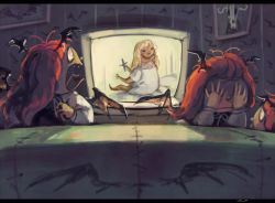 Rule 34 | 4girls, bat wings, blonde hair, commentary, couch, covering own eyes, cross, head wings, irony, koakuma, koto inari, letterboxed, long hair, multiple girls, multiple persona, nose, red hair, scared, screaming, smile, teeth, television, the exorcist, tongue, touhou, watching television, wings
