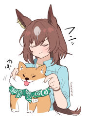 Rule 34 | 1girl, :/, animal ears, artist name, bandana, blue shirt, brown hair, closed eyes, closed mouth, collared shirt, commentary request, dog, ear ornament, hair between eyes, horse ears, horse girl, jewelry, long hair, long sleeves, mukakin, multicolored hair, necklace, shirt, simple background, sirius symboli (umamusume), solo, streaked hair, tongue, tongue out, umamusume, upper body, very long hair, white background, white hair
