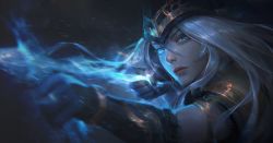 Rule 34 | 1girl, arrow (projectile), ashe (league of legends), black headwear, blue eyes, bow (weapon), breasts, gloves, grey hair, hair between eyes, highres, league of legends, long hair, shiny clothes, snow, snowing, solo, solraka, weapon