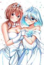 Rule 34 | 2girls, :p, amagami-san chi no enmusubi, amagami asahi, amagami yuna, bare shoulders, blue eyes, blue flower, blue rose, bow, breasts, brown eyes, brown hair, cleavage, collarbone, confetti, corrupted twitter file, dress, flower, gloves, hair between eyes, hand on another&#039;s hip, highres, holding hands, large breasts, long hair, multiple girls, one eye closed, rose, ryopa, short hair, siblings, signature, sisters, small breasts, strapless, strapless dress, tiara, tongue, tongue out, wedding dress, white bow, white dress, white gloves, wife and wife, yuri