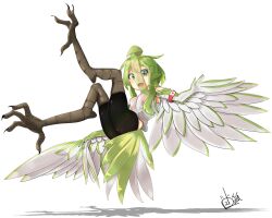 Rule 34 | 1girl, ahoge, animal ears, armlet, bird ears, bird legs, bird tail, black shorts, breasts, commentary request, feathered wings, feathers, green eyes, green feathers, green hair, green wings, hair between eyes, harpy, highres, long bangs, long hair, monster girl, nixifox215, open mouth, original, shirt, shorts, simple background, small breasts, solo, tail, talons, two-tone wings, white background, white feathers, white shirt, white wings, winged arms, wings