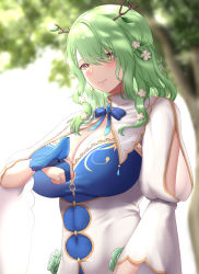 Rule 34 | 1girl, 1nilla&#039;, antlers, bird, blue dress, blue gloves, blush, braid, braided bangs, branch, breasts, ceres fauna, cleavage, collar, day, detached collar, dress, earrings, eyes visible through hair, flower, gloves, green hair, hair flower, hair ornament, hair over one eye, highres, hololive, hololive english, horns, jewelry, lace, lace-trimmed dress, lace trim, large breasts, long hair, long sleeves, mole, mole under eye, partially fingerless gloves, puffy long sleeves, puffy sleeves, single braid, smile, solo, tree, underbust, virtual youtuber, white collar, white dress, yellow eyes