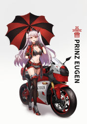 Rule 34 | 1girl, antenna hair, azur lane, bandeau, belt, black choker, black panties, black thighhighs, blush, breasts, character name, choker, cleavage, collarbone, commentary, cropped jacket, cross, eyebrows hidden by hair, finger to mouth, garter straps, gloves, grey gloves, grey shorts, groin, hair between eyes, hair ribbon, high heels, highleg, highleg panties, highres, holding, holding umbrella, iron blood (emblem), iron cross, jacket, large breasts, long hair, looking at viewer, midriff, mole, mole on breast, motor vehicle, motorcycle, multicolored hair, navel, open clothes, open jacket, open mouth, orange eyes, panties, prinz eugen (azur lane), race queen, red belt, red hair, red jacket, red ribbon, ribbon, rudder footwear, short shorts, short sleeves, shorts, sidelocks, silver hair, simple background, solo, standing, streaked hair, swept bangs, teeth, thighhighs, two side up, umbrella, underwear, upper teeth only, very long hair, vococo, white background