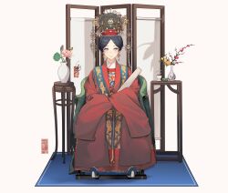 Rule 34 | 1girl, absurdres, anata no utahime (lzr13708949567), blue carpet, chair, chinese clothes, earrings, folding screen, hanfu, headdress, highres, jewelry, lotus root, original, parted bangs, seal impression, vase, water lily flower