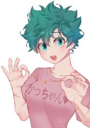 Rule 34 | 1girl, boku no hero academia, breasts, character name, clothes writing, genderswap, genderswap (mtf), green eyes, green hair, highres, holding, holding jewelry, holding necklace, jewelry, medium breasts, midoriya izuku, necklace, open mouth, pink shirt, scar, scar on arm, seoltang (nitro sugar), shirt, short hair, solo, t-shirt