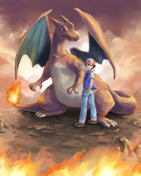 Rule 34 | 1boy, ash ketchum, charizard, child, creatures (company), fingerless gloves, fire, flame-tipped tail, game freak, gen 1 pokemon, gloves, hat, isumimax, nintendo, pokemon, pokemon (anime), pokemon (classic anime), pokemon (creature)