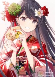 Rule 34 | 1girl, 2022, black hair, blush, earrings, floral print, flower, grey eyes, hair flower, hair ornament, hands up, holding, japanese clothes, jewelry, kagachi saku, kanzashi, kimono, long hair, long sleeves, looking at viewer, new year, original, parted lips, red kimono, smile, solo, white background