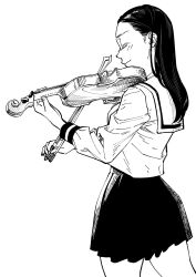 Rule 34 | 1girl, blush, closed eyes, closed mouth, commentary request, cowboy shot, facing ahead, greyscale, hair behind ear, highres, holding, holding instrument, holding violin, instrument, long hair, long sleeves, mada tetsukazu, miniskirt, monochrome, music, original, playing instrument, pleated skirt, profile, school uniform, serafuku, simple background, skirt, smile, violin