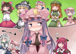 Rule 34 | 6+girls, = =, alice margatroid, alternate hairstyle, apron, arrow (symbol), ascot, bare shoulders, bat wings, blue eyes, blunt bangs, blush, bow, bowtie, braid, brooch, brown eyes, brown hair, capelet, collared shirt, commentary request, crescent, detached sleeves, dress, dress shirt, flying sweatdrops, frilled shirt, frilled skirt, frilled sleeves, frills, hair bow, hair ribbon, hair tubes, hairband, hakurei reimu, hammer (sunset beach), hands in opposite sleeves, hat, hat bow, head wings, hime cut, hong meiling, imagining, izayoi sakuya, jewelry, kirisame marisa, koakuma, large bow, long hair, long sleeves, maid, maid apron, maid headdress, mob cap, multiple girls, o o, open mouth, orange hair, patchouli knowledge, plate, puffy sleeves, purple eyes, purple hair, red eyes, red hair, remilia scarlet, ribbon, shirt, short hair, short sleeves, silver hair, single braid, skirt, skirt set, smile, star (symbol), sweatdrop, tears, touhou, twin braids, wings, wrist cuffs, yellow eyes