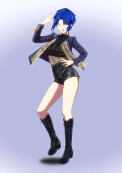 Rule 34 | 1girl, absurdres, axia-chan, black footwear, blue eyes, blue hair, blue nails, boots, ciel (tsukihime), cross, cross-laced footwear, cross earrings, dancing, earrings, full body, hand on own hip, highleg shorts, highres, jacket, jewelry, knee boots, lace-up boots, lipstick, long legs, makeup, nail polish, open clothes, open jacket, ring, see-through, short hair, short shorts, shorts, solo, tassel, tsukihime