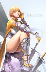 Rule 34 | 1girl, absurdres, armor, ass, blonde hair, blunt bangs, breasts, brown hair, cherrylich, cleavage, daeho cha, gauntlets, high heels, highres, large breasts, lips, looking at viewer, parted lips, short hair, sitting, solo, sword, watermark, weapon, web address