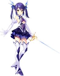 Rule 34 | 1girl, blue hair, breasts, cleavage cutout, clothing cutout, dress, elbow gloves, eyebrows, full body, gaou (umaiyo puyoman), gloves, hair ribbon, high heels, looking at viewer, outstretched arm, rapier, ribbon, sleeveless, small breasts, smile, solo, standing, suzukura rin, sword, thighhighs, transparent background, twintails, underboob, weapon, white thighhighs, yellow eyes