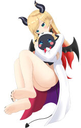 Rule 34 | 1girl, absurdres, aqua eyes, ass, bare legs, barefoot, black horns, black wings, blonde hair, bottomless, demon girl, demon tail, demon wings, feet, gradient hair, highres, hololive, horn ornament, horn ring, horns, invisible chair, knees up, lab coat, legs, long hair, long sleeves, looking at viewer, multicolored hair, nail polish, hugging object, parted bangs, pointy ears, red hair, shadow, simple background, sitting, soles, solo, swept bangs, tail, tamagotozi3420, thighs, toe scrunch, toenail polish, toenails, toes, virtual youtuber, white background, wings, yuzuki choco, yuzuki choco (1st costume)