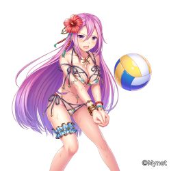 Rule 34 | 1girl, ball, bangle, beach volleyball, bead bracelet, beads, bikini, blush, bracelet, breasts, cleavage, company name, flower, hair between eyes, hair flower, hair ornament, hibiscus, hibiscus hair ornament, highres, jewelry, looking at viewer, medium breasts, navel, necklace, official art, otosume ruiko, playing sports, purple eyes, purple hair, sangoku infinity, solo, standing, swimsuit, thigh strap, volleyball, volleyball (object), wet, white background, zhao chen