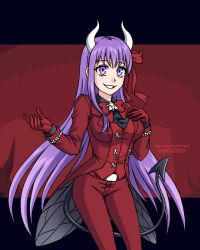 1girl, bangs, bb (fate) (all), bb (fate), beelzebub (helltaker), black tail, bug, burbur, business suit, cosplay, demon girl, demon horns, demon tail, english text, eyebrows visible through hair, fake screenshot, fate/extra, fate/extra ccc, fate/grand order, fate (series), fly, formal, gloves, hair between eyes, hair ribbon, hands up, helltaker, highres, horns, insect, long hair, long sleeves, looking at viewer, parody, purple eyes, purple hair, red suit, ribbon, smile, solo, style parody, suit, tail, vanripper (style), visual novel, waistcoat, white horns