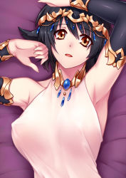 Rule 34 | 1girl, animal ears, armpits, arms up, black hair, blush, breasts, cat ears, circlet, detached sleeves, covered erect nipples, jewelry, large breasts, looking at viewer, lying, necklace, on back, original, short hair, solo, tsuki tokage, yellow eyes