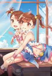 Rule 34 | 2girls, :d, :q, absurdres, belt, boots, brown eyes, brown hair, desk, futami ami, futami mami, highres, hug, hug from behind, idolmaster, idolmaster (classic), looking at viewer, miniskirt, multiple girls, navel, on desk, open mouth, petals, school desk, siblings, side ponytail, sisters, sitting, on desk, skirt, smile, suspenders, tongue, tongue out, twins, w, wind, window, yuhuan