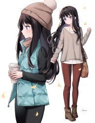 Rule 34 | 1girl, bag, beanie, black hair, black pants, blue jacket, boots, brown footwear, brown headwear, brown pants, brown sweater, closed mouth, coffee cup, commentary, cup, disposable cup, english commentary, ginkgo leaf, hat, high heel boots, high heels, highres, holding, holding cup, inoue takina, jacket, leaf, long hair, long sleeves, looking away, lycoris recoil, multiple views, nami (nyaa), open clothes, open jacket, pants, pinching sleeves, profile, purple eyes, shirt, shoulder bag, signature, simple background, sleeves past wrists, standing, sweater, turtleneck, turtleneck sweater, very long hair, white background, white shirt