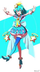 Rule 34 | 1girl, ankle boots, aqua bow, aqua choker, aqua eyes, aqua footwear, aqua hair, aqua pantyhose, aqua shirt, aqua shorts, back bow, blue pantyhose, boots, bow, bracelet, brooch, bubble skirt, commentary, cure milky, dress, earrings, floating, gradient legwear, hagoromo lala, hair ornament, hairband, high heel boots, high heels, highres, jewelry, looking at viewer, magical girl, medium hair, open mouth, outstretched arms, pantyhose, pointy ears, pouch, precure, puffy shorts, see-through, see-through sleeves, shirono, shirt, short dress, shorts, single leg pantyhose, skirt, smile, solo, spread arms, star-shaped pupils, star (symbol), star brooch, star earrings, star hair ornament, star twinkle precure, symbol-shaped pupils, twitter username, yellow hairband