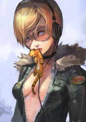 Rule 34 | 1girl, akeome, blonde hair, blue eyes, breasts, choker, cleavage, female focus, fur, glasses, happy new year, headphones, jacket, lipstick, looking at viewer, makeup, mouth hold, narongchai singhapand, new year, open clothes, open jacket, original, outdoors, short hair, sky, small breasts, solo, stuffed animal, stuffed toy, swept bangs