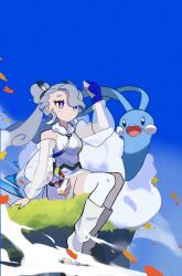 Rule 34 | 1girl, absurdres, altaria, arm support, arm up, bare shoulders, black nails, blue eyes, boots, bright pupils, closed mouth, commentary request, creatures (company), day, eyelashes, flying miku (project voltage), game freak, gen 3 pokemon, glint, grey hair, hatsune miku, highres, holding, holster, long hair, makkusu (max071500), nail polish, nintendo, outdoors, poke ball, poke ball (basic), pokemon, pokemon (creature), project voltage, see-through, see-through sleeves, sitting, sky, sleeveless, thighhighs, twintails, vocaloid, white pupils, white thighhighs