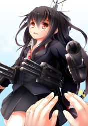 Rule 34 | 10s, 1girl, aiming, aiming at viewer, black hair, blazer, blue background, blush, cannon, foreshortening, fuuki (nicoseiga), fuuki (te fuukin), gradient background, hatsushimo (kancolle), jacket, kantai collection, long hair, looking at viewer, mecha musume, necktie, out of frame, parted lips, pleated skirt, red eyes, school uniform, skirt, solo, solo focus