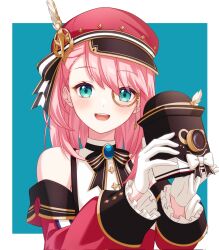 Rule 34 | 1girl, bare shoulders, beret, blush, camera, charlotte (genshin impact), commentary, corrupted twitter file, detached sleeves, genshin impact, gloves, hat, highres, holding, holding camera, long sleeves, looking at viewer, medium hair, monocle, open mouth, pink hair, pink headwear, pochimaru (marumaru wanwan), ribbon, simple background, steampunk, teeth, upper body, upper teeth only, white gloves
