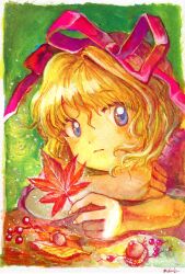 Rule 34 | 1girl, blonde hair, blue eyes, closed mouth, commentary, food, fruit, green background, hair ribbon, highres, holding, holding leaf, leaf, looking at viewer, medicine melancholy, medinki, nut (food), red ribbon, ribbon, short hair, short sleeves, signature, solo, touhou