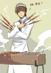 Rule 34 | 1boy, apron, between fingers, brown eyes, brown hair, chef, chef hat, chef, chinese text, crossed arms, fate/zero, fate (series), food, grill, hat, highres, holding, kebab, kotomine kirei, linjie, male focus, short hair, skewer, solo