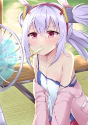 Rule 34 | acchii (akina), azur lane, bare shoulders, breasts, camisole, cleavage, collarbone, commentary request, electric fan, food, food in mouth, hairband, highres, in mouth, indoors, jacket, laffey (azur lane), light purple hair, off shoulder, open door, pink jacket, popsicle, porch, red eyes, sidelocks, sitting, small breasts, solo, strap slip, sweat, tatami, wooden floor