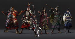 Rule 34 | 5boys, arm up, armor, armored boots, arms up, beard, black background, black hanfu, boots, cao cao, chinese armor, chinese clothes, chinese empire, dong zhuo, eyepatch, facial hair, fangtian ji, fat, fat man, feather fan, feathers, guan hat, han dynasty, hand fan, hanfu, head tilt, headband, helmet, highres, holding, holding fan, holding polearm, holding weapon, jacket, lamellar armor, laughing, leather armor, looking at viewer, lu bu, lulu zhang, multiple boys, official art, over shoulder, pointing, polearm, red jacket, romance of the three kingdoms, scale armor, sheath, sima yi, spear, standing, sword, total war: three kingdoms, weapon, weapon over shoulder, white hanfu, wide sleeves, xiahou dun