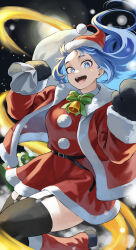 Rule 34 | 1girl, absurdres, alternate costume, belt, black belt, black garter straps, black gloves, black thighhighs, blue eyes, blue hair, boku no hero academia, boots, bright pupils, christmas, commentary request, fengling (furin-jp), garter straps, gloves, hadou nejire, hat, highres, long hair, looking at viewer, open mouth, red footwear, red hat, santa costume, santa hat, solo, star sticker, teeth, thighhighs, white pupils