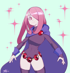 Rule 34 | 1girl, boogy (mnmnjuguna), cloak, cosplay, dc comics, expressionless, eyeshadow, frown, hair over one eye, highres, leotard, little witch academia, makeup, pink hair, raven (dc), raven (dc) (cosplay), solo, sucy manbavaran, teen titans, thighhighs