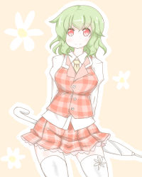 Rule 34 | 1girl, arms behind back, breasts, closed umbrella, contrapposto, daisy, flower, green hair, highres, ibuki (clover club), kazami yuuka, large breasts, long sleeves, looking at viewer, necktie, outline, pink background, plaid, plaid skirt, plaid vest, red eyes, short hair, simple background, skirt, smile, solo, standing, thighhighs, touhou, umbrella, vest