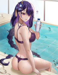 Rule 34 | 1girl, absurdres, ass, bikini, bottle, breasts, commentary, genshin impact, hair ornament, highres, holding, holding bottle, large breasts, long hair, looking at viewer, nail polish, parted lips, purple bikini, purple eyes, purple hair, purple nails, raiden shogun, sitting, solo, swimsuit, tangerine honey, thighs, very long hair, water bottle