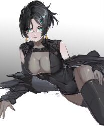 Rule 34 | 1girl, aqua eyes, armored core, armored core 6, black hair, breasts, c-on, cleavage, earrings, glasses, highres, jacket, jewelry, kate markson, looking at viewer, medium breasts, off shoulder, pantyhose, simple background, smile, solo, thighhighs