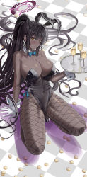 Rule 34 | 1girl, alcohol, animal ears, arm support, bare shoulders, black hair, black leotard, blue archive, blue bow, blue bowtie, blue ribbon, blush, bow, bowtie, breasts, champagne, checkered floor, coin, collarbone, covered navel, cup, dark-skinned female, dark skin, detached collar, drinking glass, ear piercing, fishnet pantyhose, fishnets, full body, gloves, gold coin, halo, highres, holding, holding tray, karin (blue archive), karin (bunny) (blue archive), large breasts, leaning back, leotard, long hair, looking at viewer, pantyhose, parted lips, piercing, playboy bunny, ponytail, rabbit ears, ribbon, silvertsuki, solo, squatting, thighs, tray, very long hair, white gloves, wrist cuffs, yellow eyes