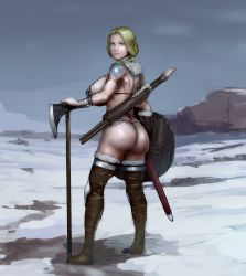 Rule 34 | 1girl, ass, axe, bad deviantart id, bad id, blue eyes, booster-yoshy3, boots, braid, breasts, g-string, highres, huge breasts, legs, long hair, looking at viewer, looking back, original, panties, polearm, scar, sideboob, snow, solo, spear, tattoo, thigh boots, thighhighs, thighs, thong, toned, underwear, weapon