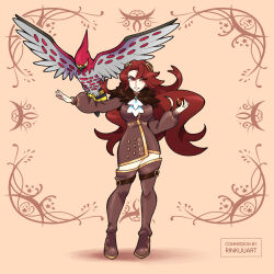Rule 34 | 1girl, artist name, beak, bird, boots, breasts, brown background, brown dress, brown footwear, commentary, commission, creatures (company), dress, english commentary, eyelashes, full body, game freak, gen 6 pokemon, glint, gold trim, highres, holding, holding poke ball, large breasts, long hair, looking at viewer, nintendo, original, parted lips, poke ball, pokemon, pokemon (creature), puffy sleeves, red eyes, red hair, rinkuu art, smile, standing, talonflame, talons, teeth, thigh boots, twitter username, wings