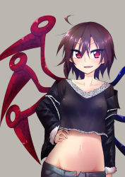 Rule 34 | 1girl, ahoge, alternate costume, asymmetrical wings, black hair, blush, breasts, chipa (arutana), covered erect nipples, fang, groin, houjuu nue, looking at viewer, midriff, navel, no bra, no panties, pointy ears, red eyes, short hair, shorts, small breasts, smile, solo, touhou, wings