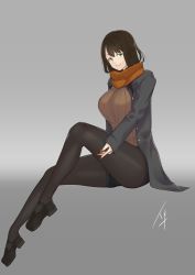 Rule 34 | &gt;:), 1girl, black hair, black pantyhose, breasts, closed mouth, full body, green eyes, hayabusa (vert 320), highres, jacket, large breasts, long sleeves, looking at viewer, mary janes, nail polish, open clothes, open jacket, orange nails, orange scarf, original, pantyhose, pantyhose under shorts, ribbed sweater, scarf, shoes, short hair, shorts, sitting, smile, solo, sweater, v-shaped eyebrows