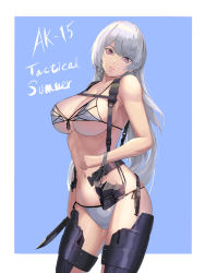 Rule 34 | 1girl, absurdres, ak-15 (girls&#039; frontline), bikini, braid, breasts, character name, cleavage, closed mouth, gas mask, girls&#039; frontline, grey hair, highres, holding, holding knife, holding mask, knife, large breasts, lips, long hair, looking at viewer, mask, navel, purple eyes, simple background, solo, standing, stomach, summer, swimsuit, un lim, white bikini